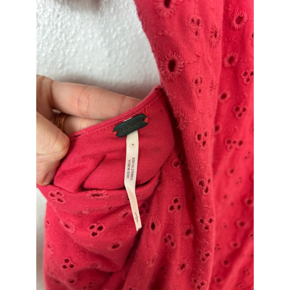 Free People Apricot Rose Mini Puff Sleeve Eyelet Dress Strawberry Spritz Small - Picture 7 of 9